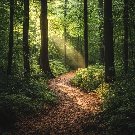 Morning mist over a forest trail with dappled sunlight filtering through trees
